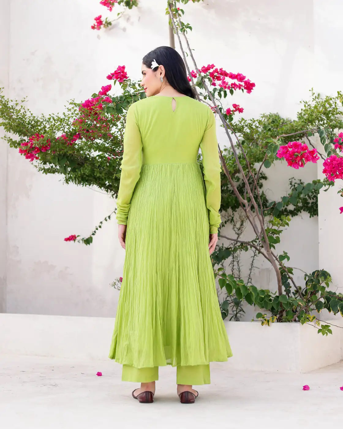 Zamrud Pistachio Green Cotton Mulmul Anarkali Set with Draped Dupatta - AS-TTME-6 (4)