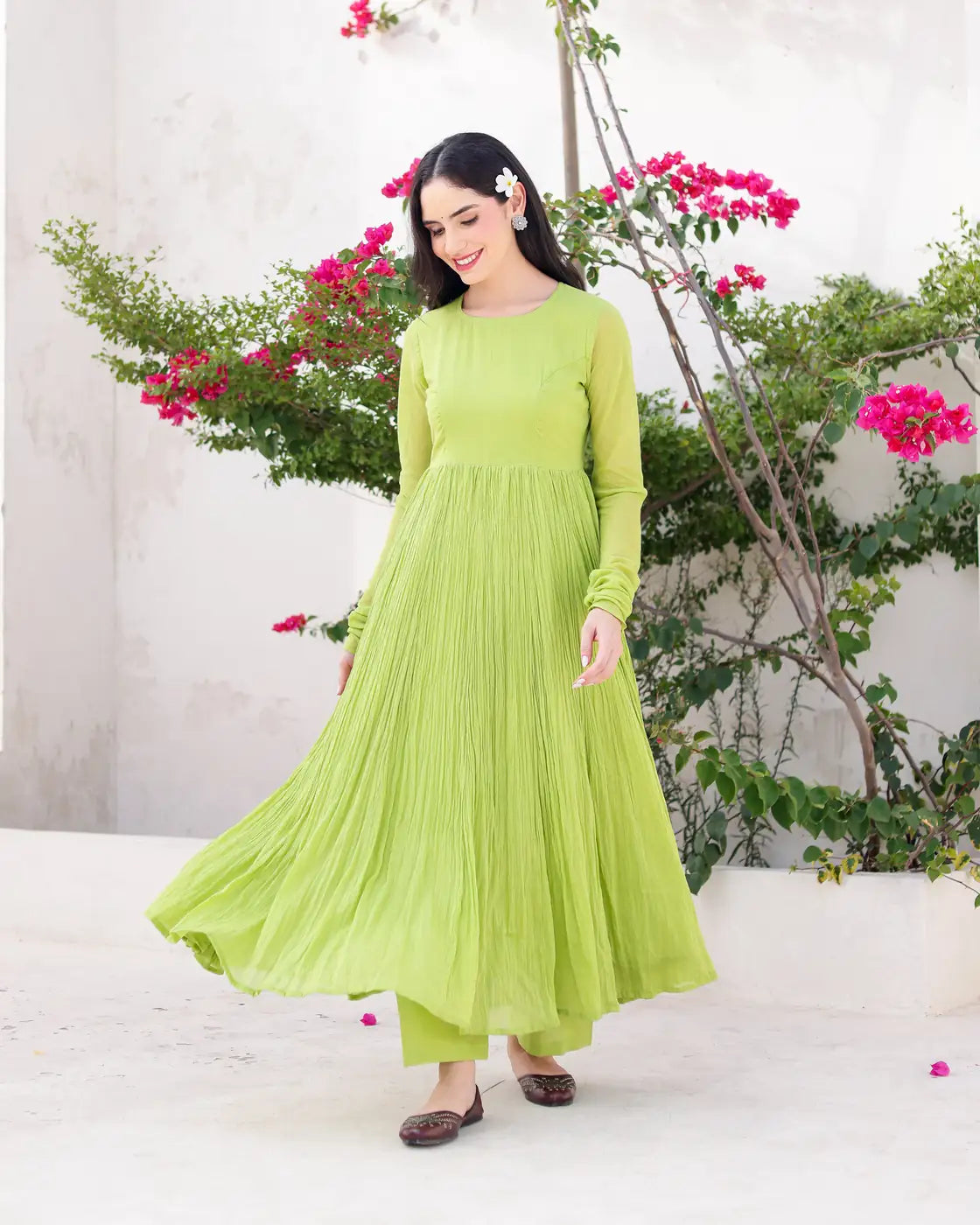 Zamrud Pistachio Green Cotton Mulmul Anarkali Set with Draped Dupatta - AS-TTME-6 (5)