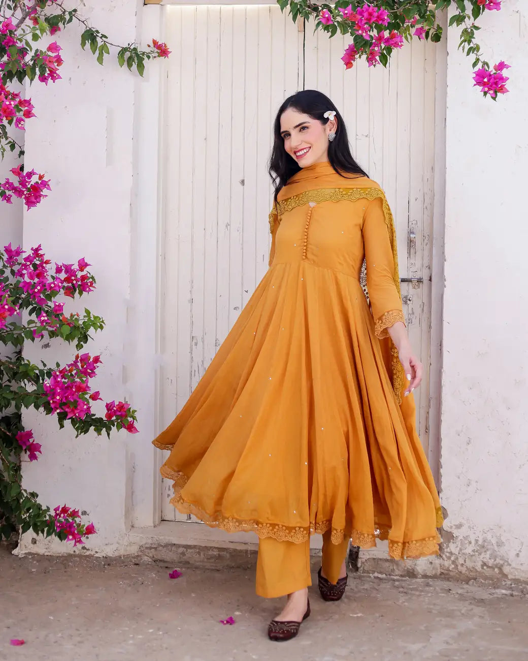 Amaltaas Golden Mustard Cotton Mulmul Anarkali Suit Set with mulmul Dupatta - AS-TTME-8 (7)