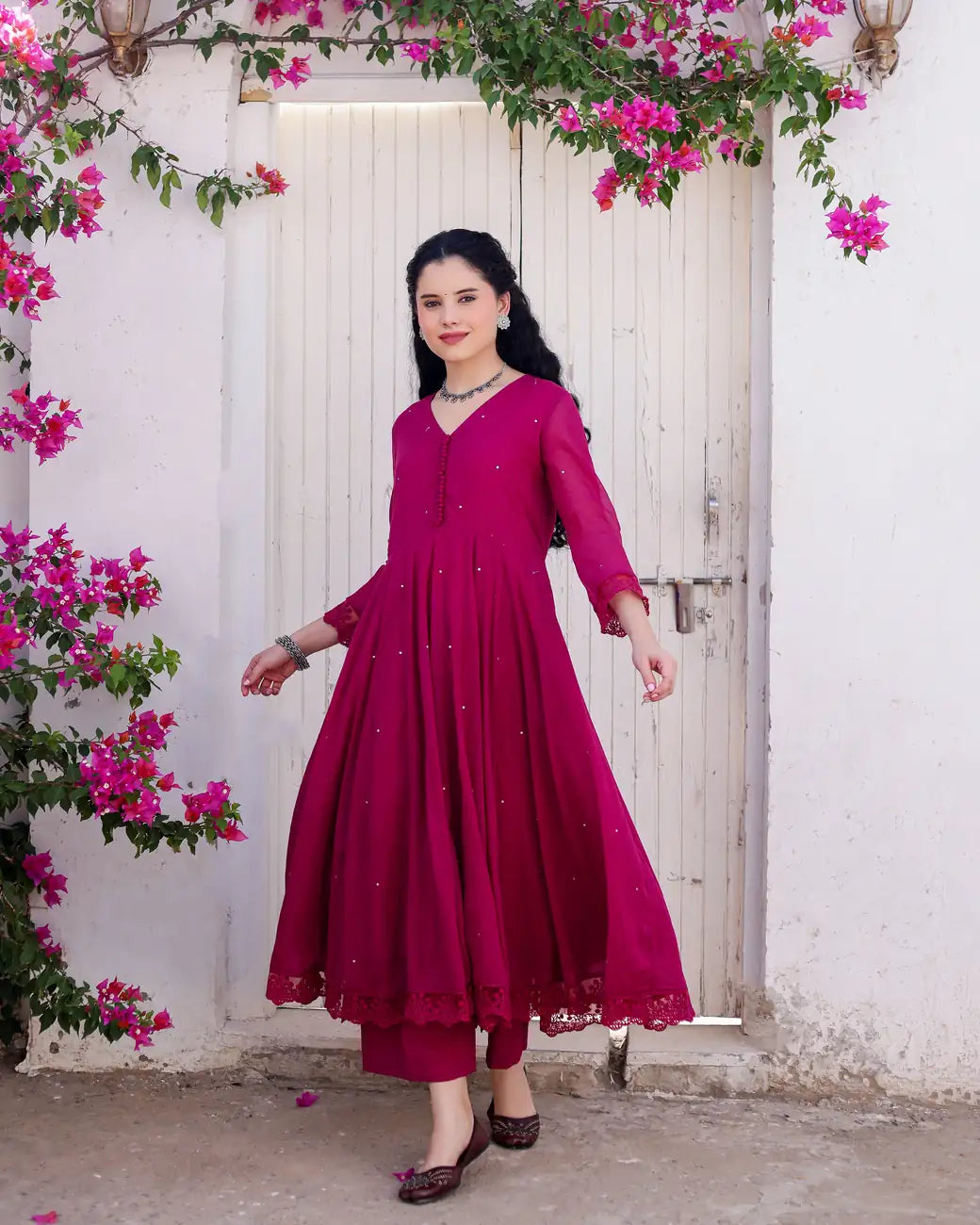 Dahlia Magenta Cotton Mulmul Taari Embroidered Anarkali Suit Set - AS-TTME-9 (3)