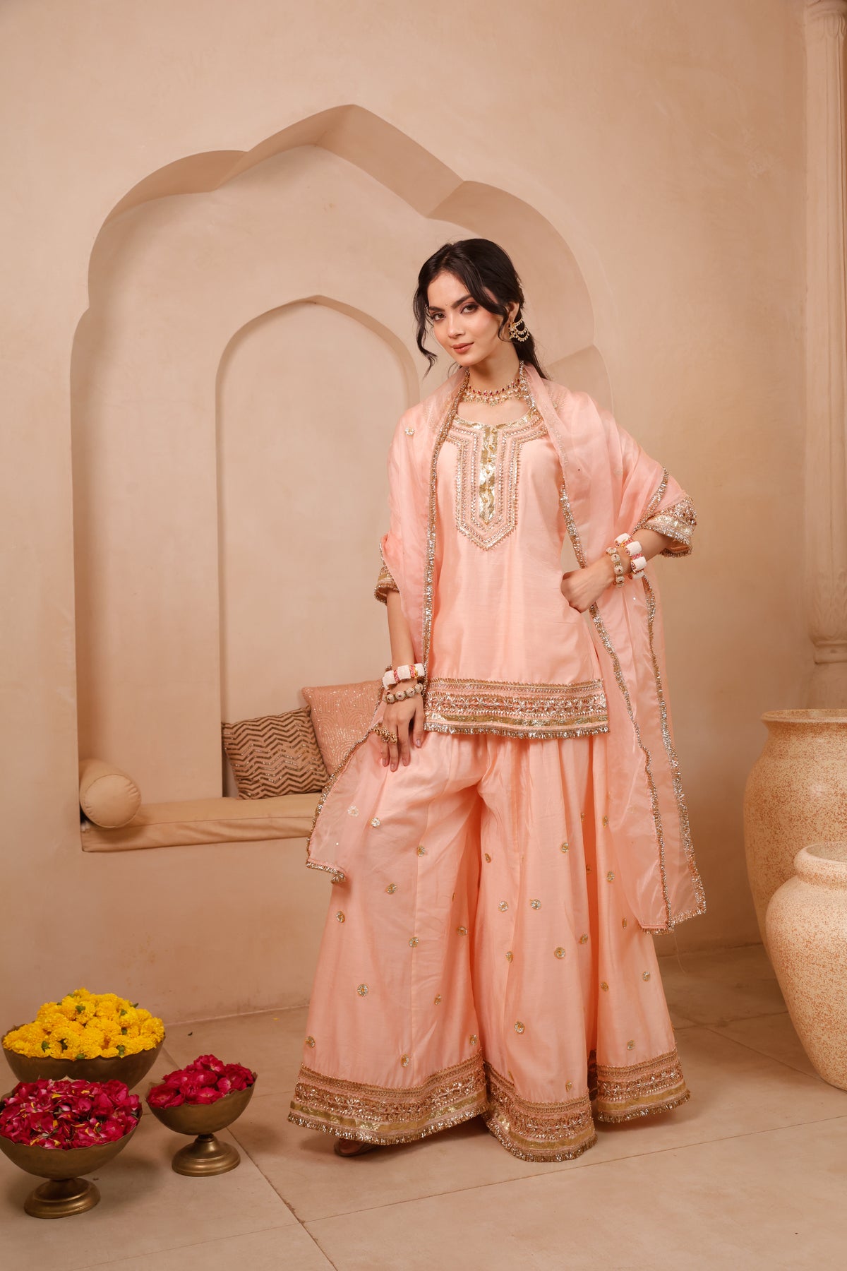 Peach sharara set for women with short kurta - Asrumo