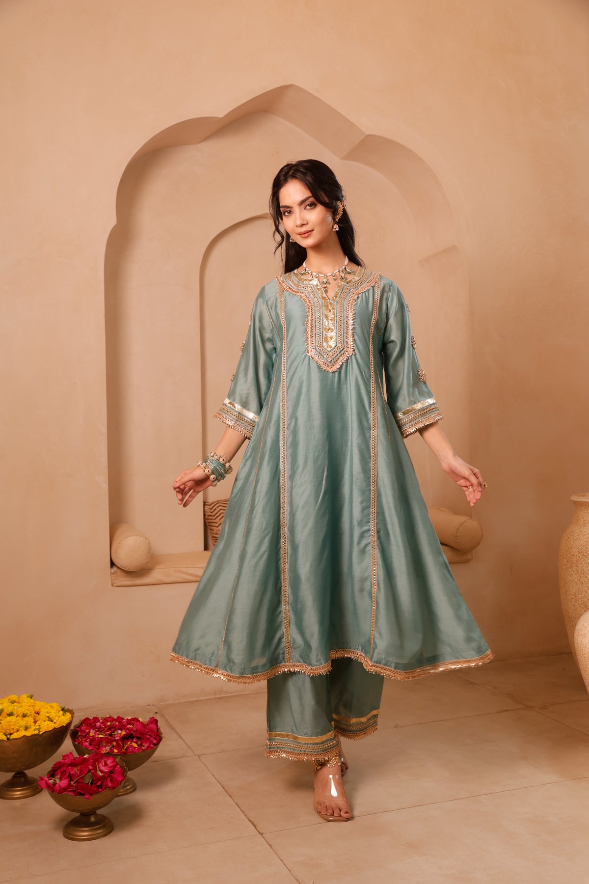 Gulnaar Sage Green Festive Suit Set - Image 4