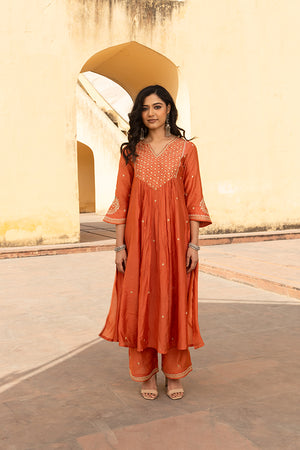 Sienna Orange Patchwork Embroidered Suit Set