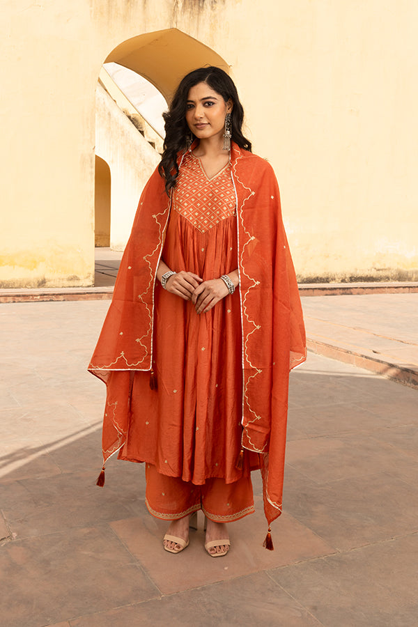 Sienna Orange Patchwork Embroidered Suit Set