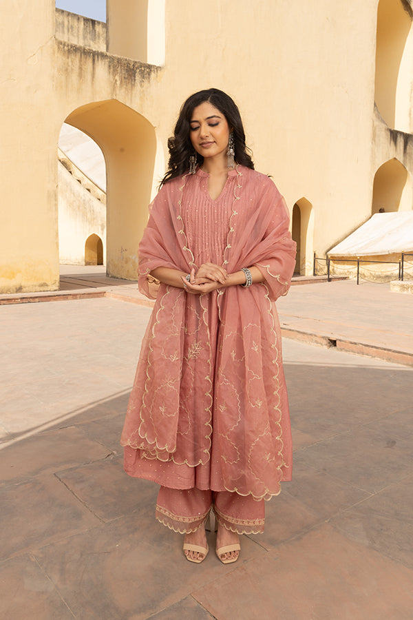 Old Rose Chanderi Mukaish Work Pintuck Kurta Set