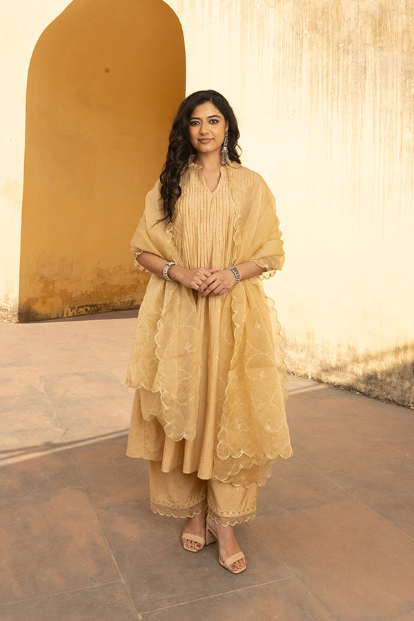 Golden Chanderi Mukaish Work Pintuck Kurta Set