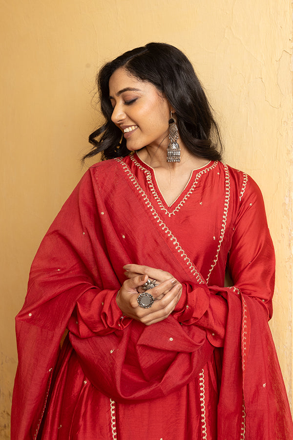 Red Chanderi Three Kali Embroidered Suit Set alternate view