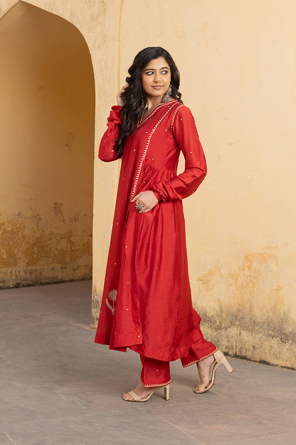 Red Chanderi Three Kali Embroidered Suit Set