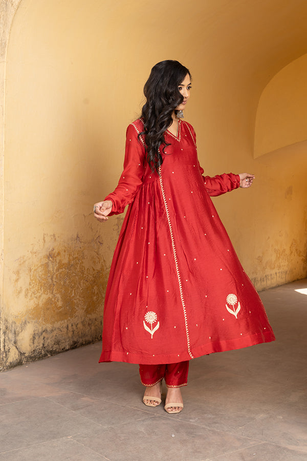 Red Chanderi Three Kali Embroidered Suit Set