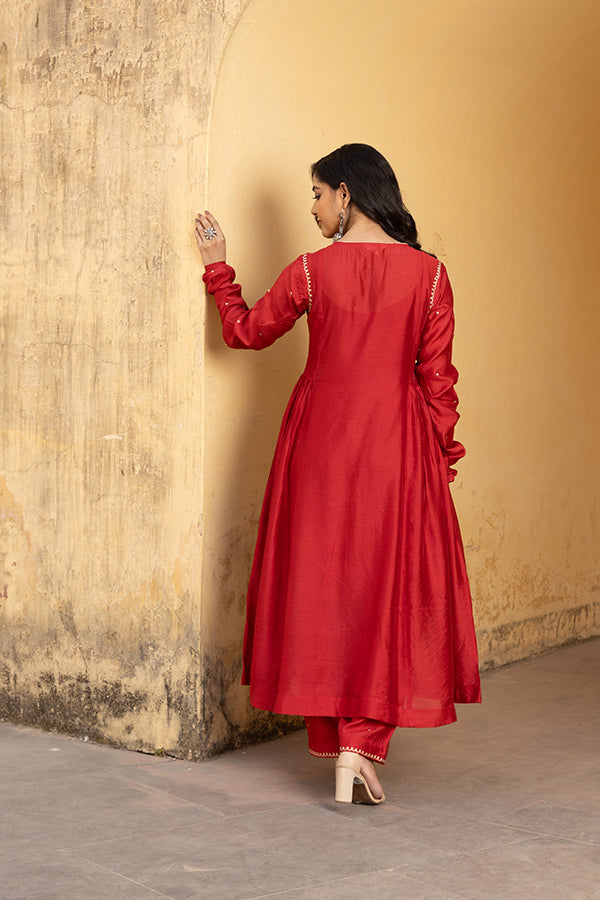 Red Chanderi Three Kali Embroidered Suit Set