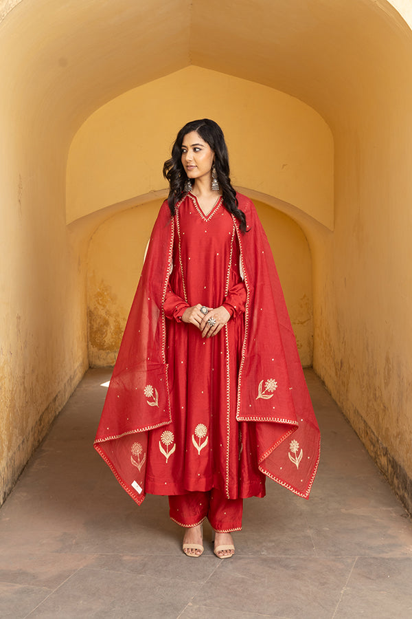 Red Chanderi Three Kali Embroidered Suit Set