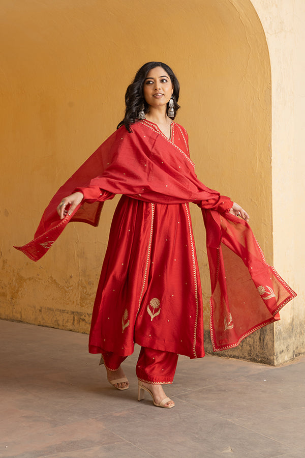 Red Chanderi Three Kali Embroidered Suit Set