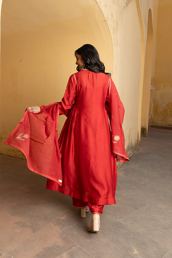 Red Chanderi Three Kali Embroidered Suit Set