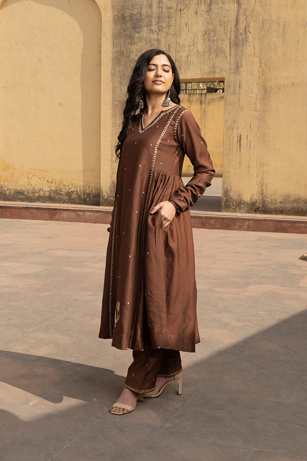 Brown Chanderi Three Kali Embroidered Three Kali Kurta Pant Set