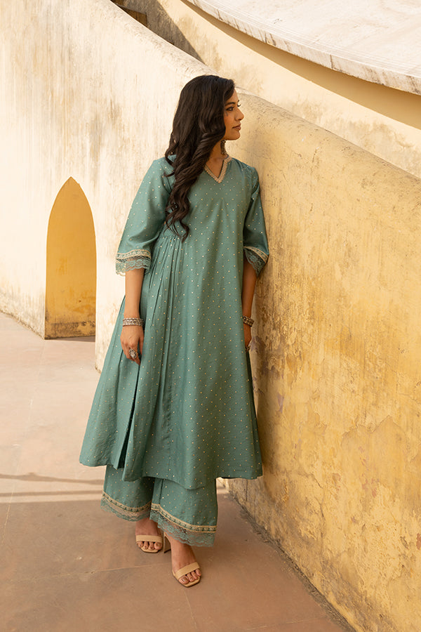 Mint Green Mukaish Work Chanderi Three Kali Kurta Set With Heavy Chanderi Dupatta alternate view