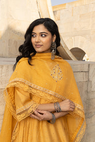 Mustard Yellow Mukaish Work Chanderi Three Kali Kurta Set With Heavy Chanderi Dupatta