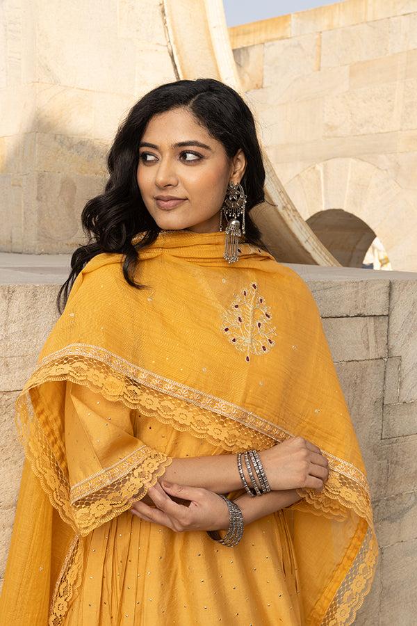 Mustard Yellow Mukaish Work Chanderi Three Kali Kurta Set With Heavy Chanderi Dupatta