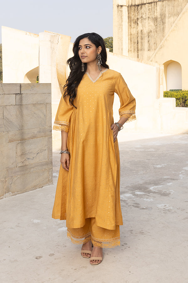 Mustard Yellow Mukaish Work Chanderi Three Kali Kurta Set With Heavy Chanderi Dupatta