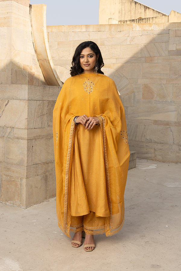 Mustard Yellow Mukaish Work Chanderi Three Kali Kurta Set With Heavy Chanderi Dupatta