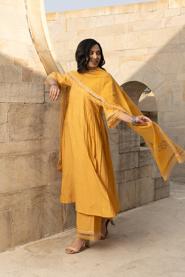 Mustard Yellow Mukaish Work Chanderi Three Kali Kurta Set With Heavy Chanderi Dupatta