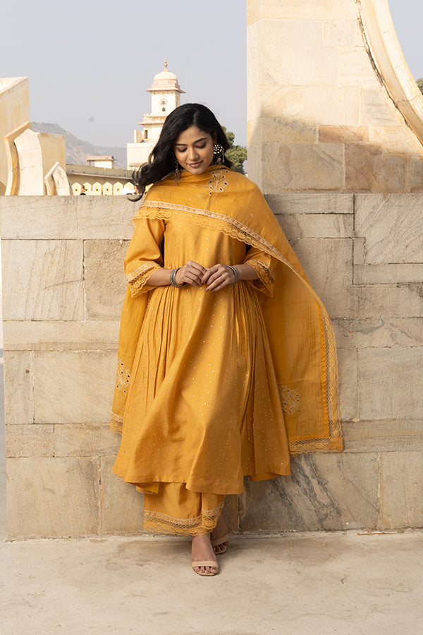 Mustard Yellow Mukaish Work Chanderi Three Kali Kurta Set With Heavy Chanderi Dupatta