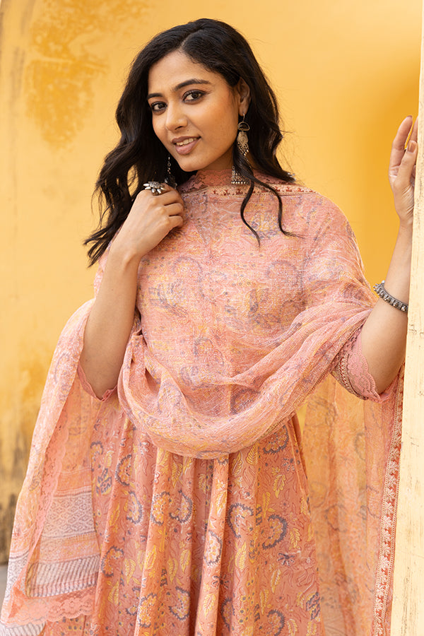 The Peach Handblock Anarkali Set With Doriya Dupatta