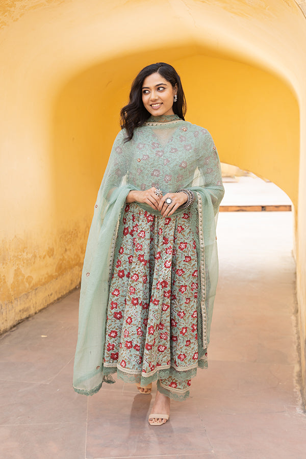 The Green Red Handblock Anarkali Set With Doriya Dupatta