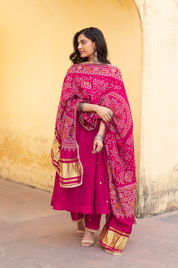 Pink Chanderi Embroidered Three Kali Bandhani Dupatta Suit Set alternate view
