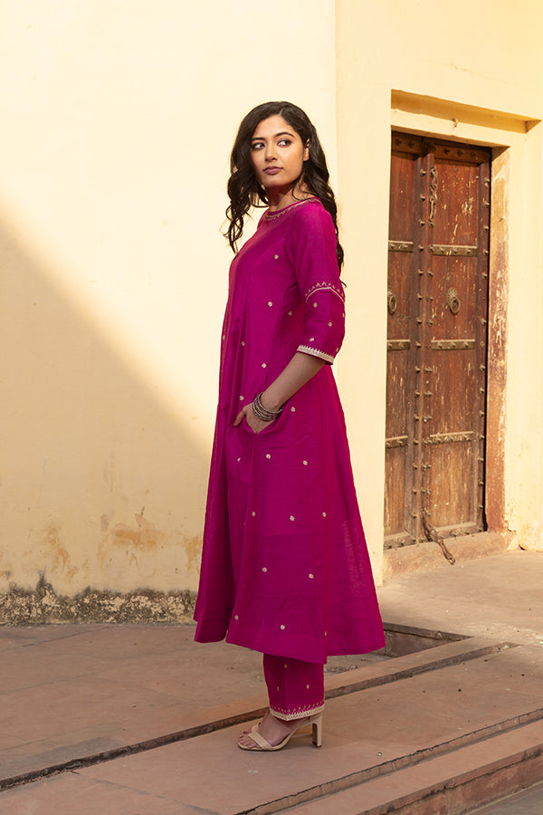 Pink Chanderi Embroidered Three Kali Bandhani Dupatta Suit Set