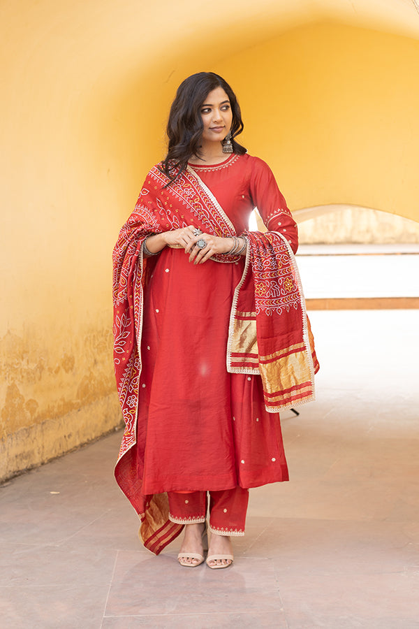 Red Chanderi Embroidered Three Kali Bandhani Dupatta Suit Set alternate view