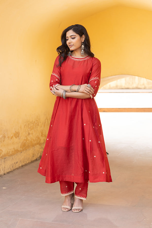 Red Chanderi Embroidered Three Kali Bandhani Dupatta Suit Set