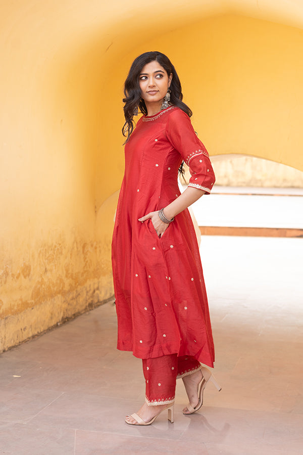 Red Chanderi Embroidered Three Kali Bandhani Dupatta Suit Set