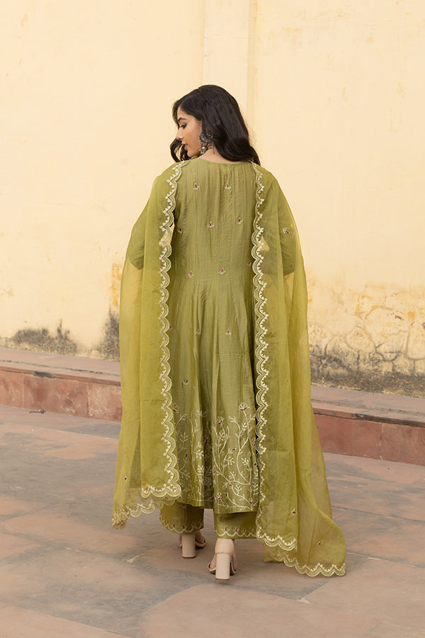 Mehndi Green Zari Jaal Embroidered Anarkali Suit Set