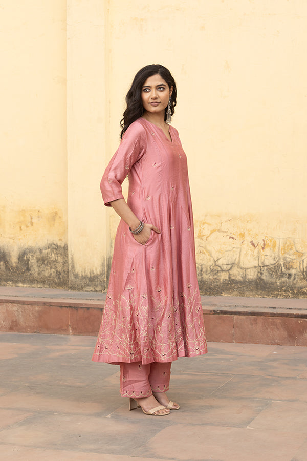 Pink Zari Jaal Embroiered Anarkali Suit Set