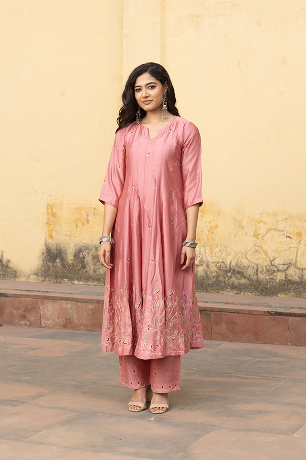 Pink Zari Jaal Embroiered Anarkali Suit Set