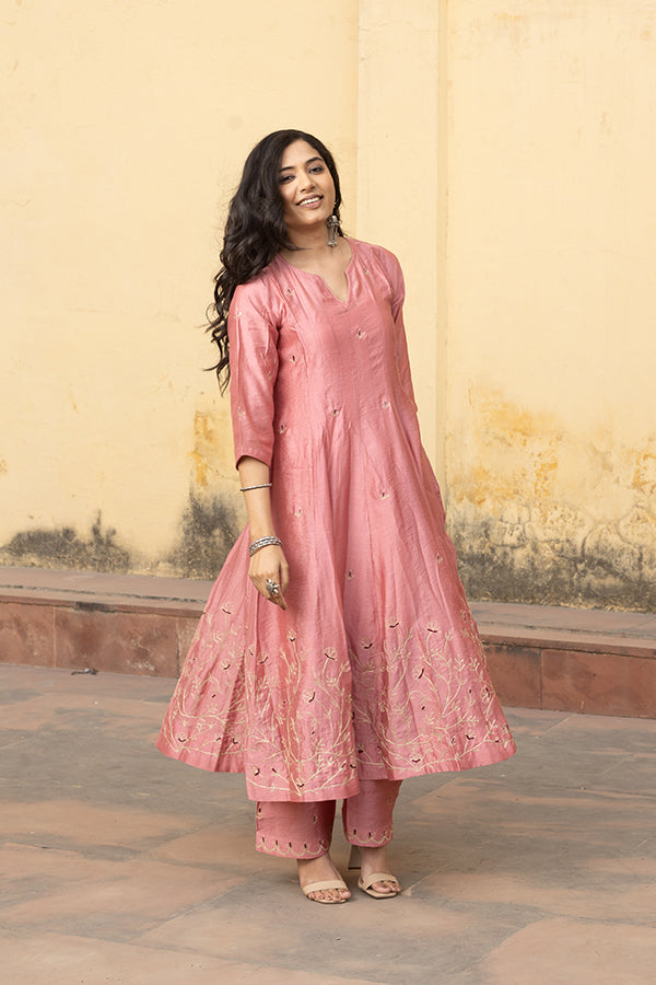 Pink Zari Jaal Embroiered Anarkali Suit Set