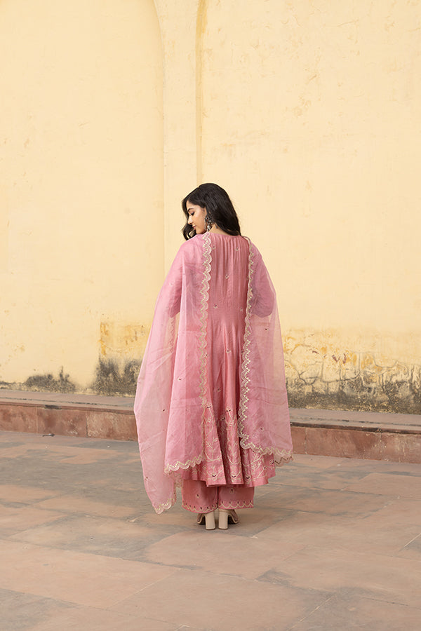 Pink Zari Jaal Embroiered Anarkali Suit Set