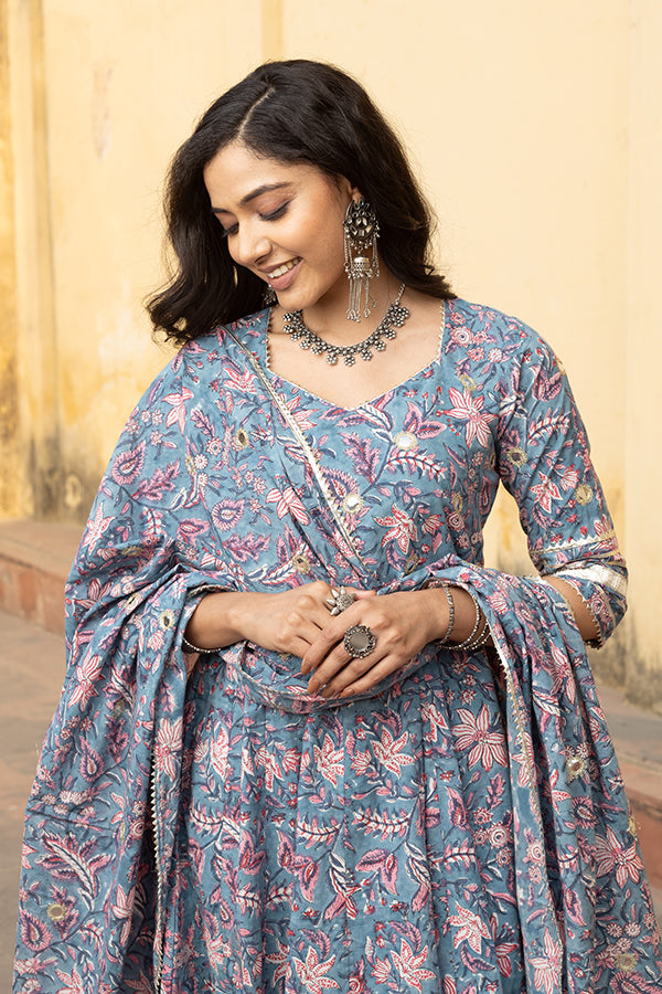 Blue Handblock Jaal Cotton Anarkali Set