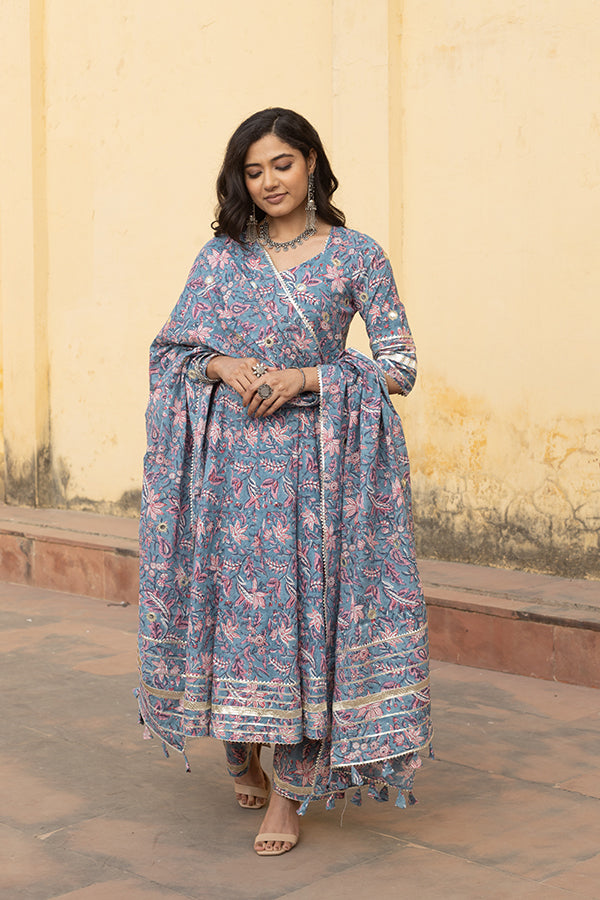 Blue Handblock Jaal Cotton Anarkali Set