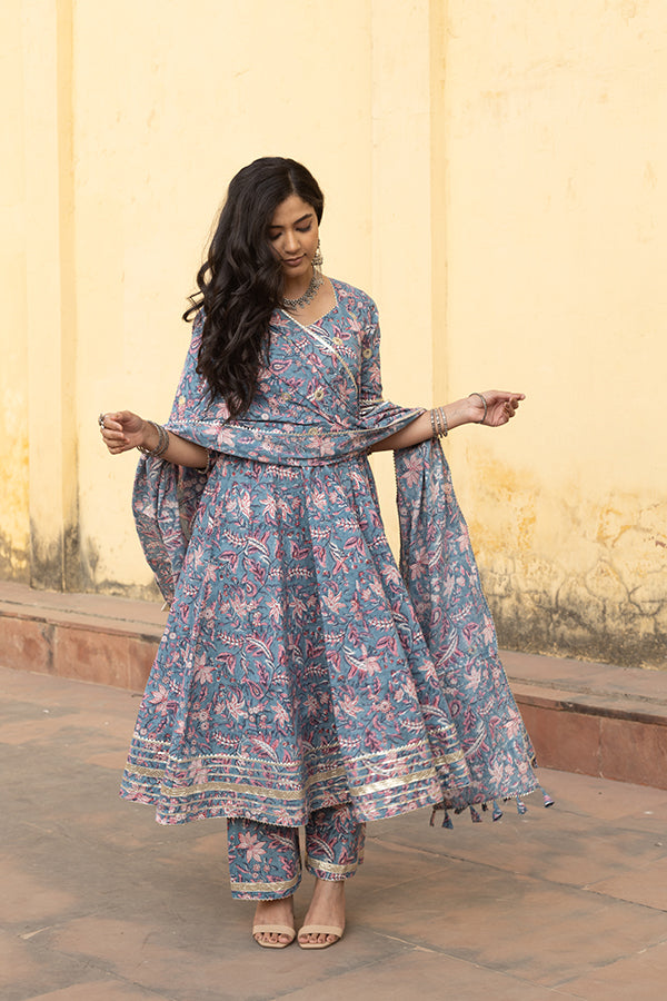 Blue Handblock Jaal Cotton Anarkali Set