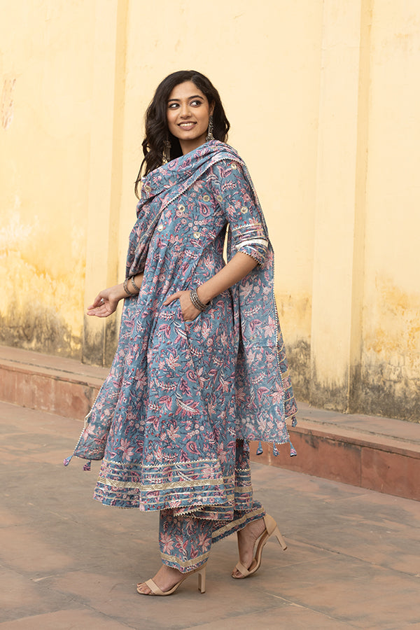 Blue Handblock Jaal Cotton Anarkali Set