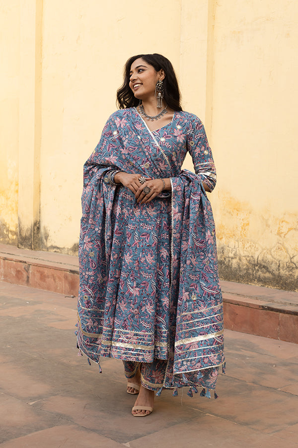 Blue Handblock Jaal Cotton Anarkali Set