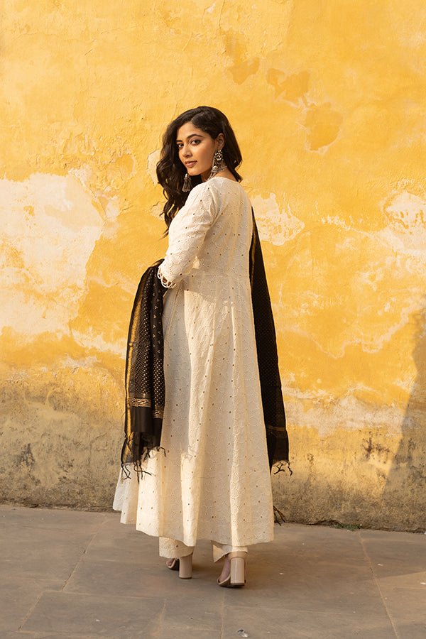 Off White Schiffly Anarkali Set