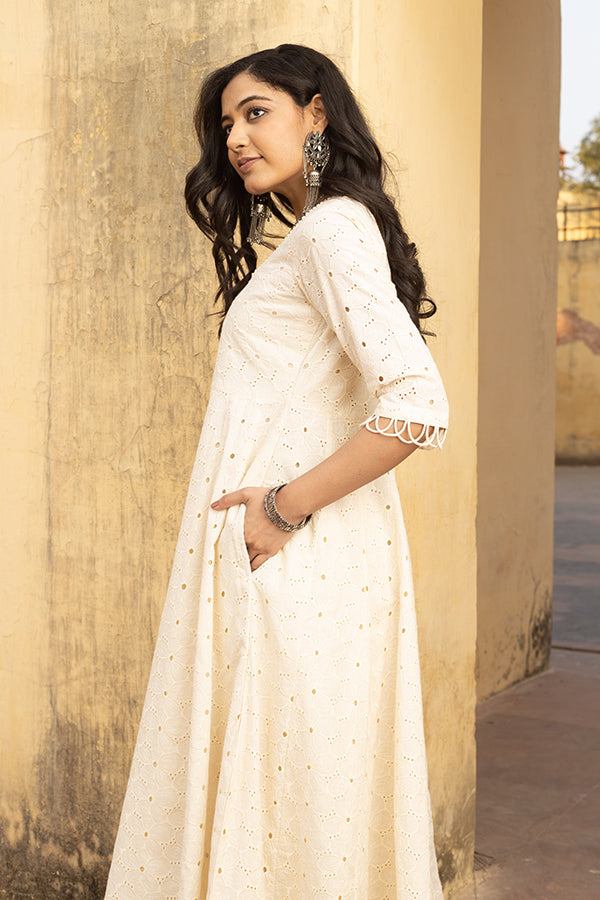 Off White Schiffly Anarkali Set