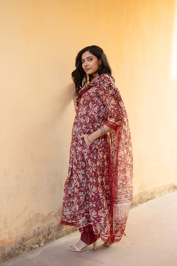 Kota Doriya Red Handblock Print Anarkali Set