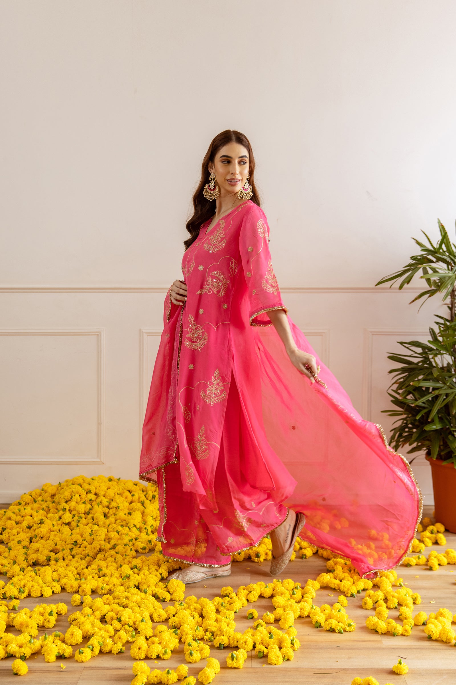 Fuschsia Pink Zari Embroidery Viscose Organza Straight Kurta Set - Asrumo