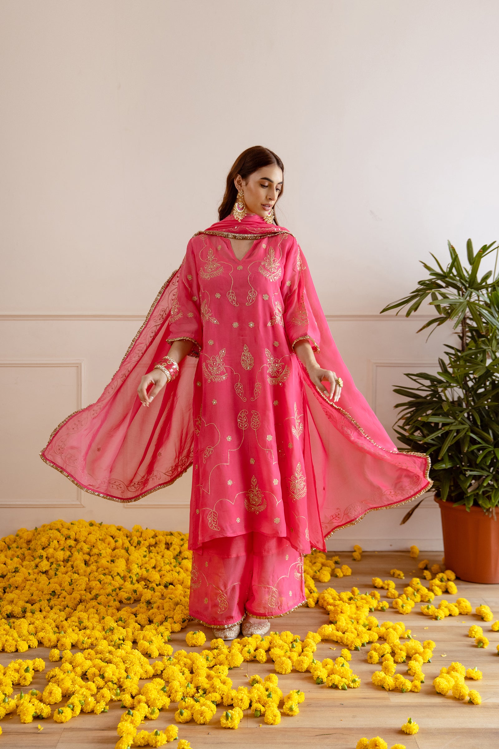 Fuschsia Pink Zari Embroidery Viscose Organza Straight Kurta Set - Asrumo