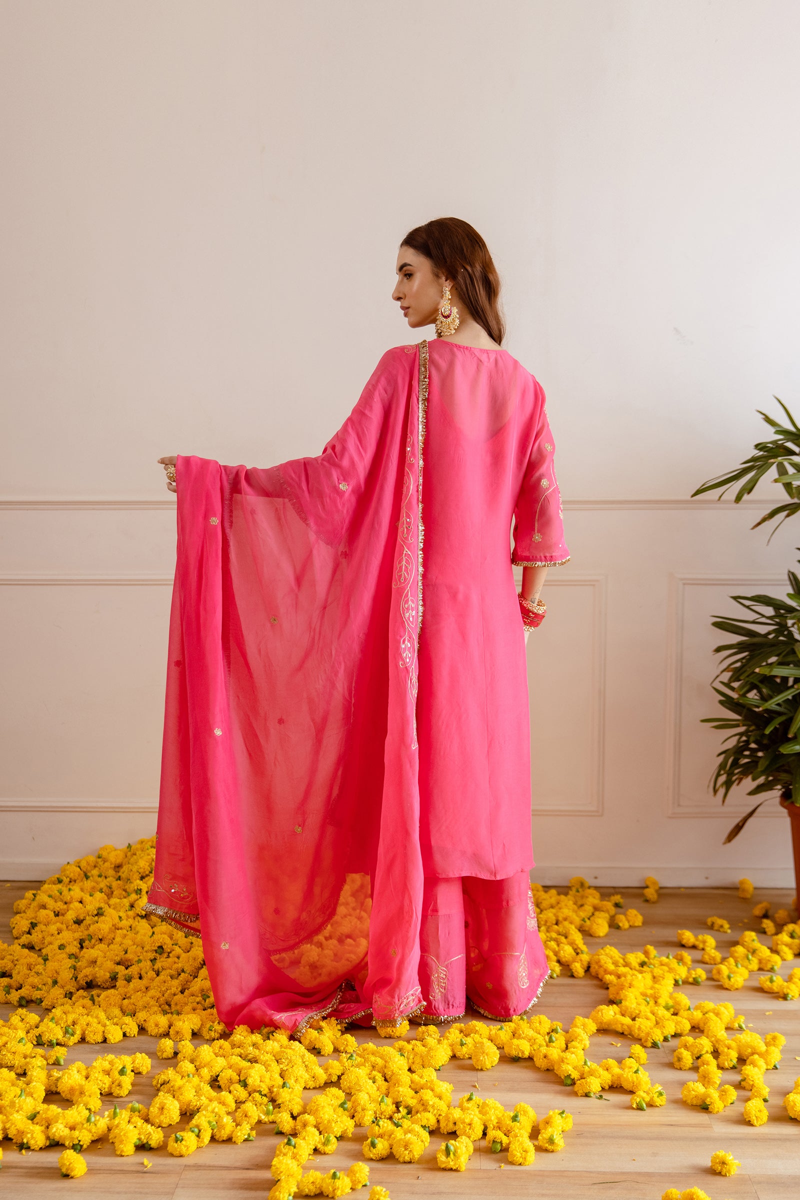 Fuschsia Pink Zari Embroidery Viscose Organza Straight Kurta Set - Asrumo