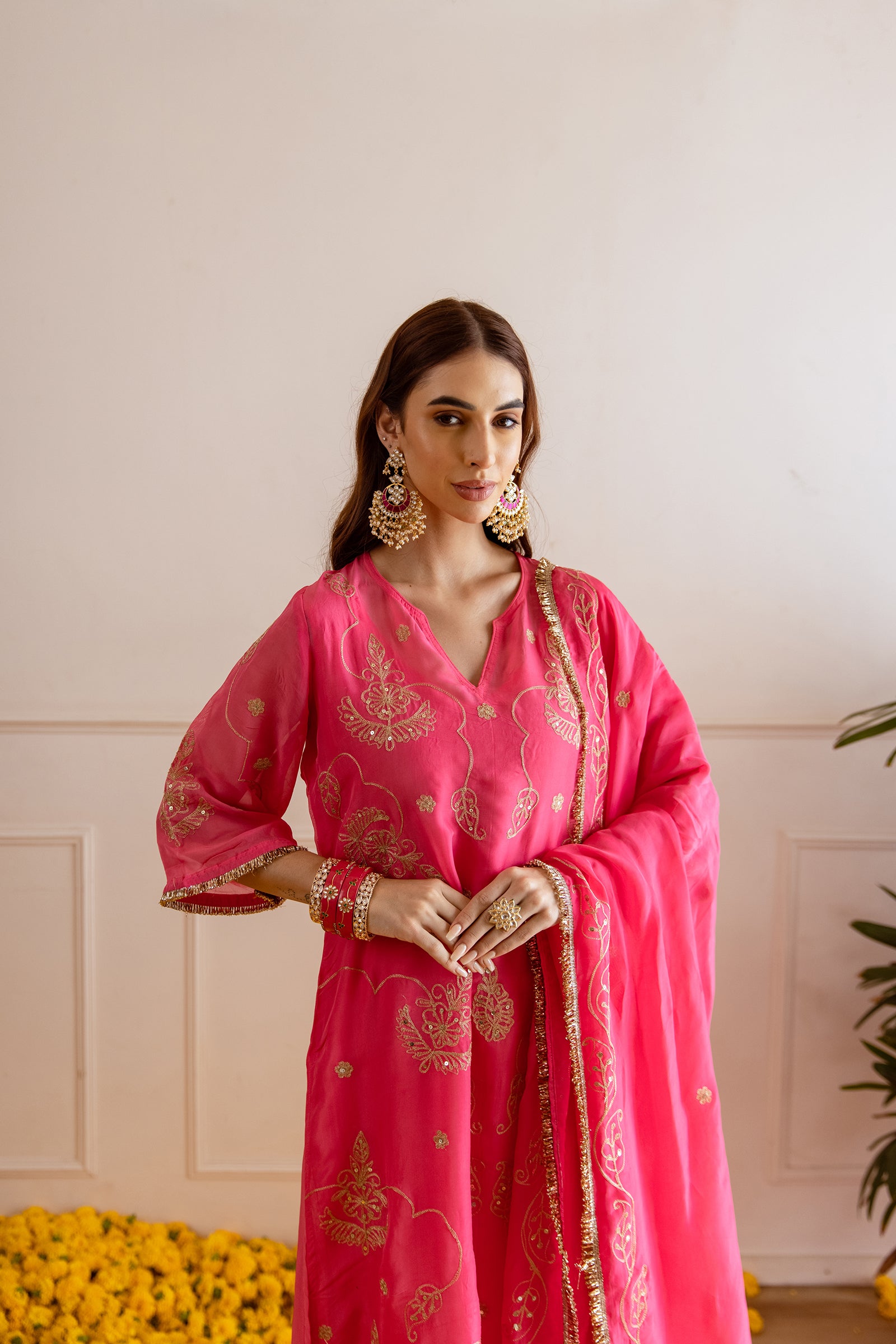 Fuschsia Pink Zari Embroidery Viscose Organza Straight Kurta Set - Asrumo