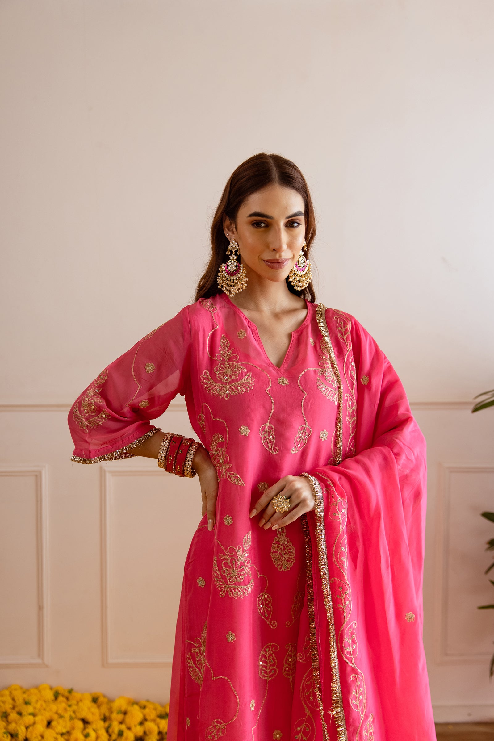 Fuschsia Pink Zari Embroidery Viscose Organza Straight Kurta Set - Asrumo